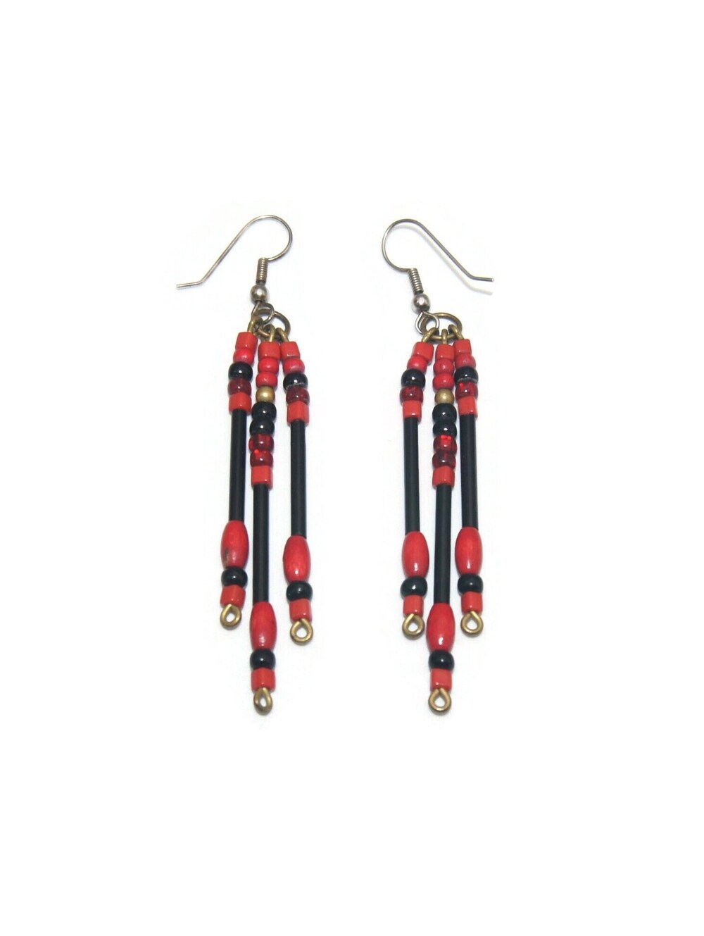 Vintage Silver Tone with Black and Red Beads Dangle Earrings with Hook Backs.